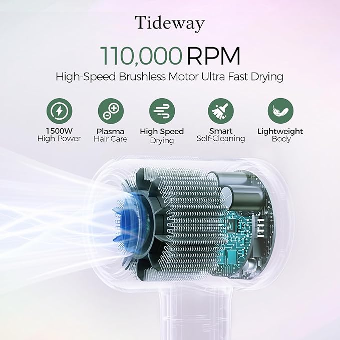 Tideway Hair Dryer Professional High-Speed Ionic Blow Dryer 110000 RPM Compact Hair Dryer with Magnetic Diffuser Fast Drying with Brushless Motor Low Noise Smart Temperature Control-H11