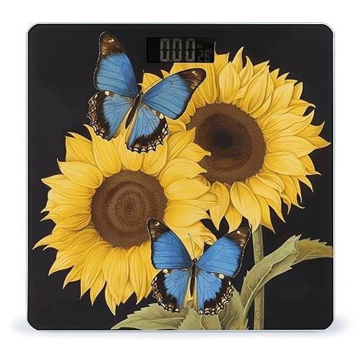 Yellow Sunflowers with Blue Butterflies Bathroom Scale for Body Weight Bathroom Weighing Scale with Backlit LCD Display Highly Accurate Measures Weight Up to 180kg