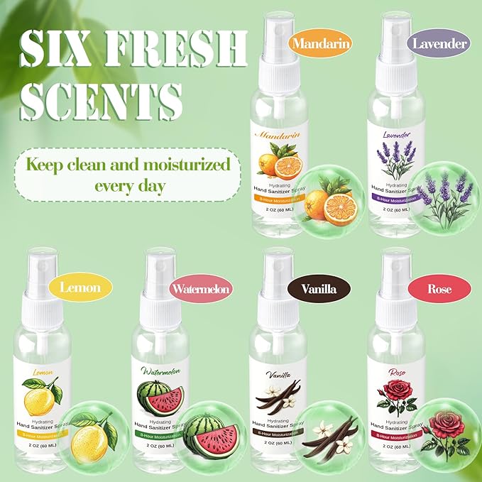 12 Pcs Hydrating Hand Sanitizer Spray with Essential Oil Scented Hand Sanitizer Spray Travel Size 2 Fl oz Pocket Bottle Christmas Stocking Stuffers Staff Gifts Homeless Care Package Supplies
