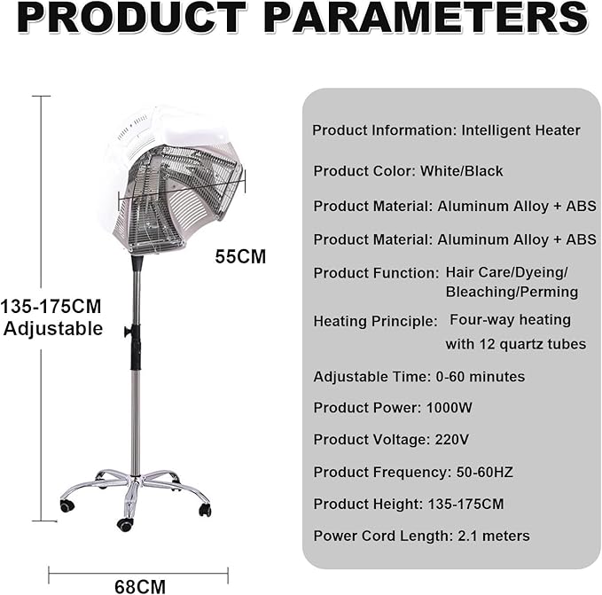 Salon-Grade Hair Perm Machine 1000w 110v Vertical Hairdryer with Heater Led Panel and 0-60 Minute Timer Hair Steamer Suitable for Damaged and Frizzy Hair. White