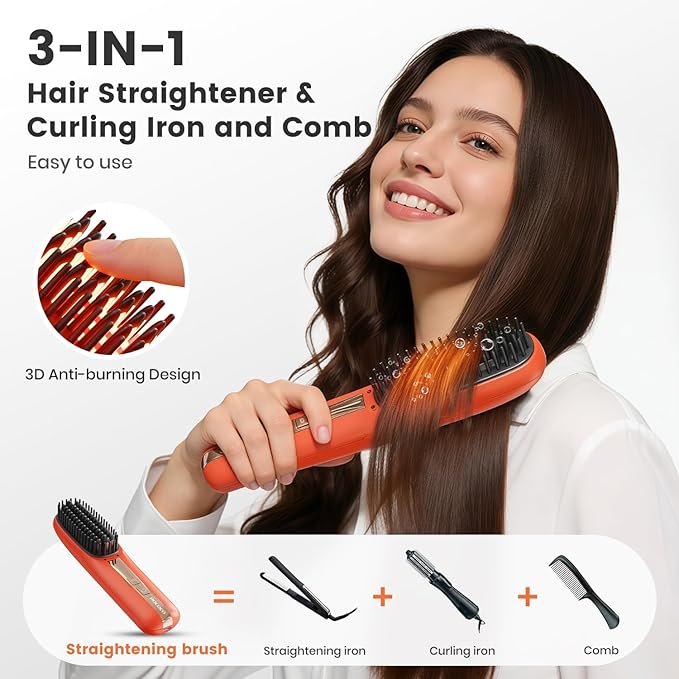 Cordless Hair Straightener Brush DOCOCO Straightening Brush with Adjustable Temperature Heat Brush Hair Straightener for Smooth Anti Frizz Hair Thick Curly Hair Brush Straightener for Women