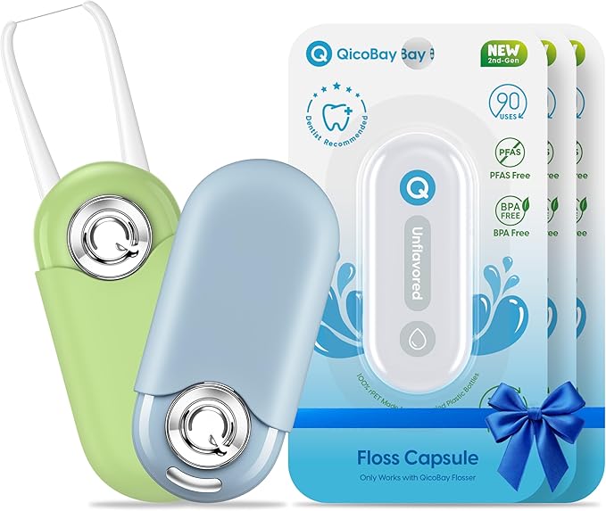 UpFlosser C1S Value Color Duo Bundle 2 UpFlosser C1S + 3 Extra Unflavored Floss Capsules Reusable Auto-Restringing Flosser for Quick &amp Deep Clean (Reef Green + Wave Blue)