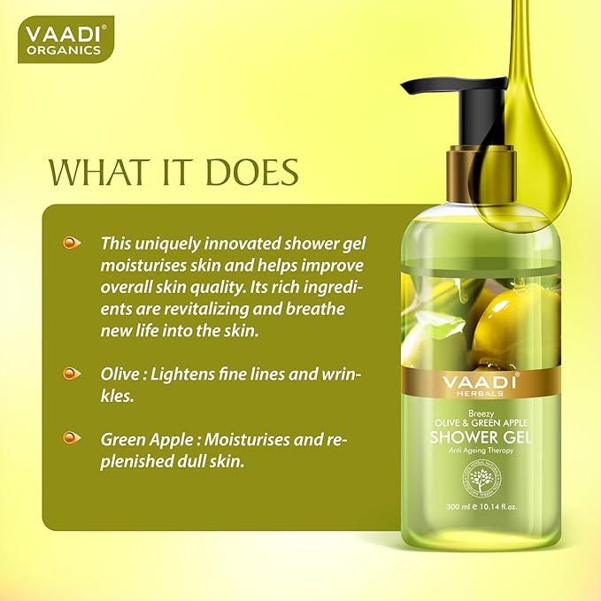 Vaadi Herbals Shower Gel - Sulfate-Free - Herbal Body Wash Both For Men And Women - 300 Ml (10.14 Fl Oz) - (Breezy Olive &amp Green Apple) (1 Bottle)