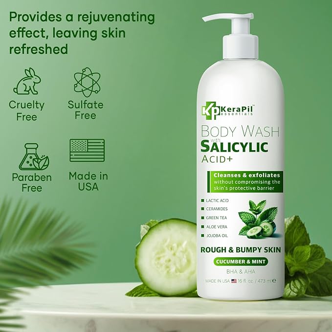 Exfoliating Body Wash with Salicylic Acid - No Dry Out Gentle Exfoliates Rough and Bumpy Skin Body Acne Wash BHA &amp AHA - Cucumber and Mint Salicylic Acid Body Wash - (16 fl oz)
