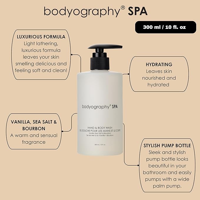 Bodyography Spa Hand &amp Body Wash Vanilla Sea Salt &amp Bourbon Fragrance 10 oz | Luxurious Vegan Cleanser &amp Bubble Bath | Hydrating Paraben-Free Gluten-Free Daily Body Care
