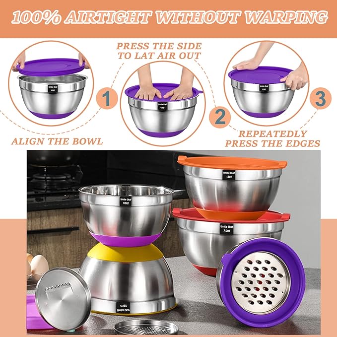 Umite Chef Mixing Bowls with Lids Set 26Pcs Colorful Stainless Steel Bowls Set Nesting Bowls with Grater Attachments Large Kitchen Bowls Set with Non-Slip Bottoms for Mixing &amp Serving