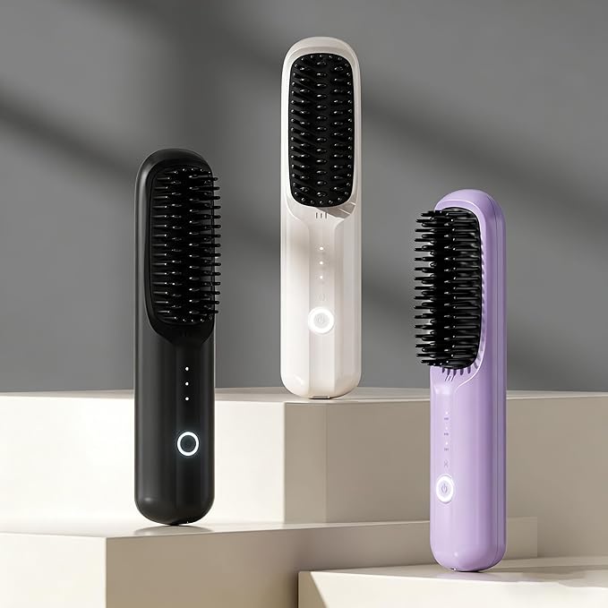 2026 Upgraded Cordless Straightening BrushNegative Ionic Hair Straightener Brush - Straightening Comb for Travel 3 TempPortable Fast Heating Ceramic Brush for Women Short Long Hair (Beige)