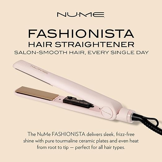 NuMe Fashionista Flat Iron - 1” Tourmaline Hair Straightener - Tourmaline Ceramic Plates - Professional Salon Hair Straightening Styling Flat Iron - Programmable Auto Shut Off - Blush
