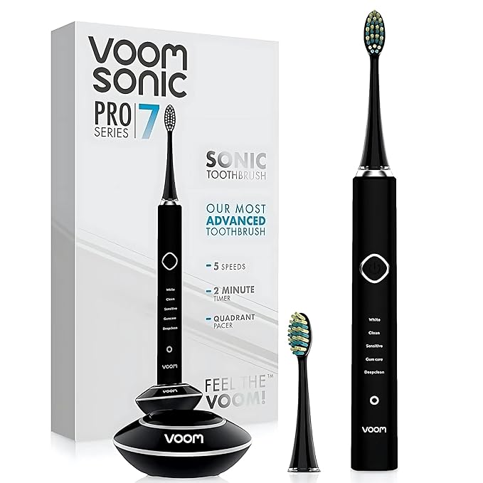 Voom Sonic Pro 7 Series Rechargeable Electronic Toothbrush Advanced Oral Care Technology 2-Minute Timer w/Quadrant Pacing 5 Adjustable Speeds Magnetic Levitation 100% Waterproof Black (VM-20946)