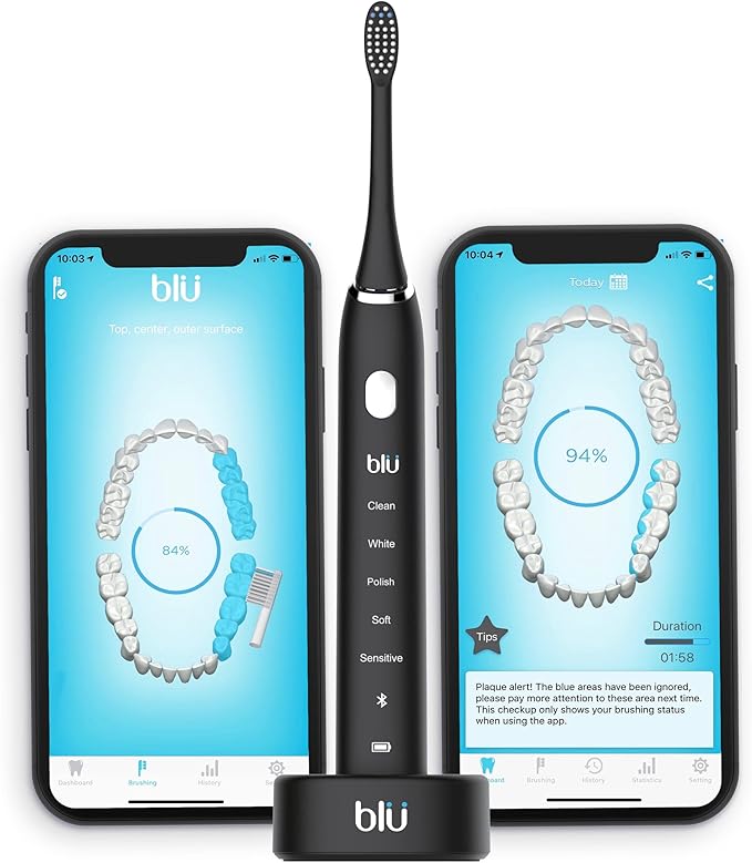 Blu Smart Electric Toothbrush Sonic Power Toothbrush with Interactive Live Tracking App for Adults (Black)