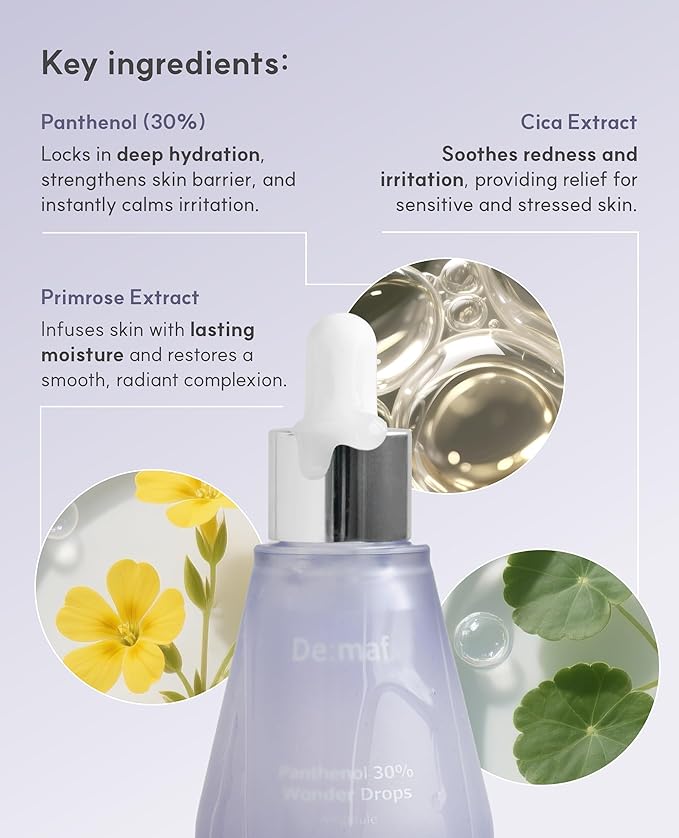 De:maf Panthenol 30% Wonder Drops Ampoule Panthenol 30% and Evening Primrose Extract for Instant Calming Suitable for All Sensitive Skin Korean Skincare
