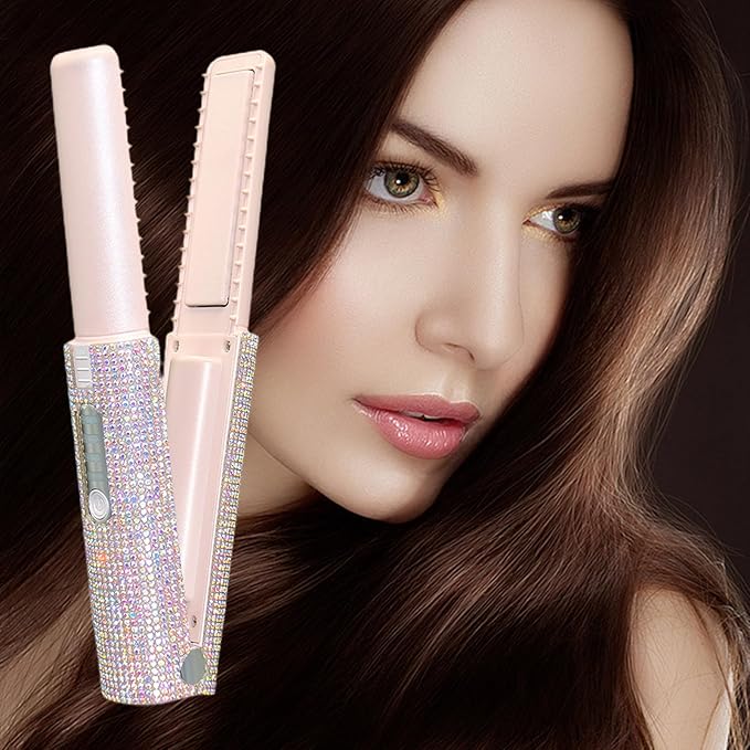 Hair Straightening Iron - Cordless Curler Portable Styler | Rechargeable Flat Tool Compact 2 in 1 Device with Ceramic Plates Professional Travel Accessory for Quick Heating Smooth Hairstyles