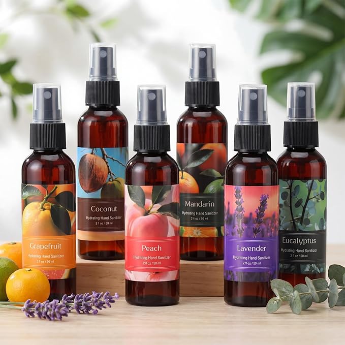 12 Pcs Hydrating Hand Sanitizer Spray with Essential Oil Scented Hand Sanitizer Spray Travel Size 2 Fl oz Brown Pocket Bottle Assorted Scents for Employee Friend Christmas Stocking Stuffers
