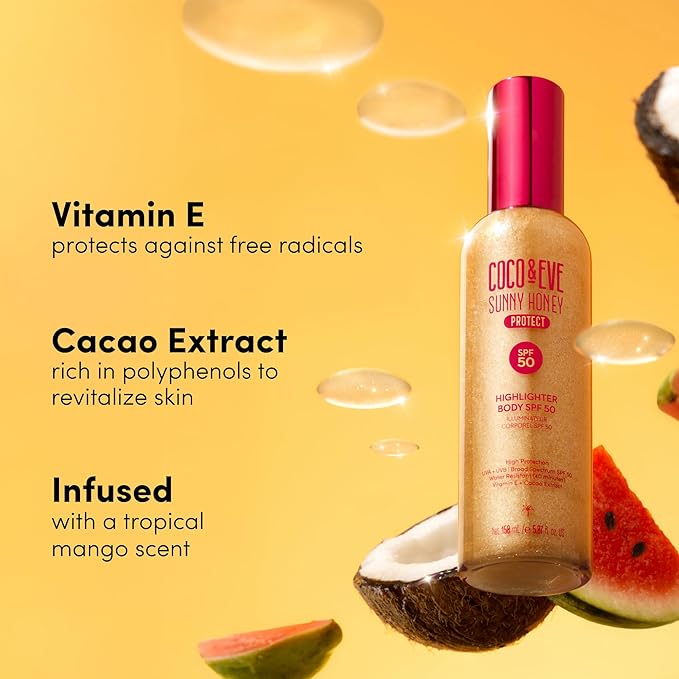 Coco &amp Eve Body Highlighter SPF 50 – Shimmer Sunscreen Broad Spectrum Sun Protection Lightweight Serum-Like Lotion with Pearlescent Minerals &amp Vitamin E for Hydrated &amp Glowing Skin 5.07