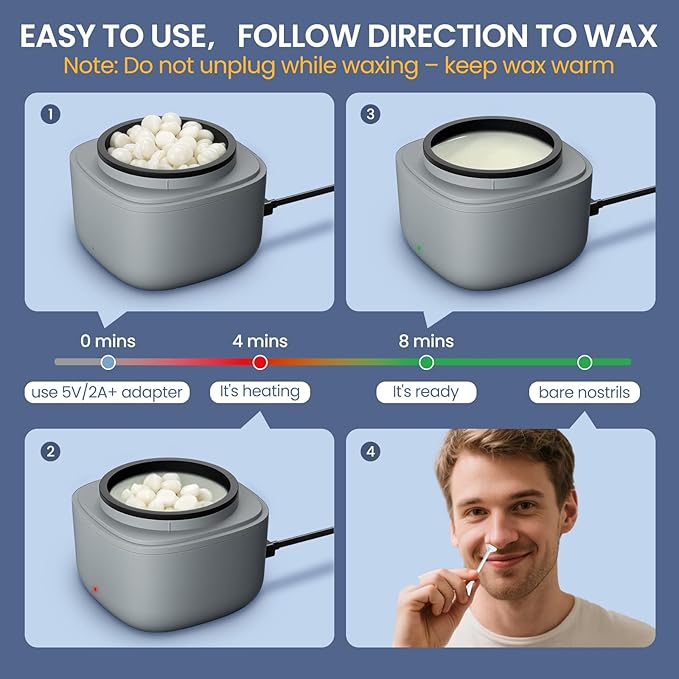 Nose Wax Kit Men Mini Wax Warmer for Hair Removal Mini Wax Kit for Noes and Ear 100g Wax Beads 40 Sticks USB Fast Heat Smart Constant Temp Upgraded Size Multi-Accessories Gray