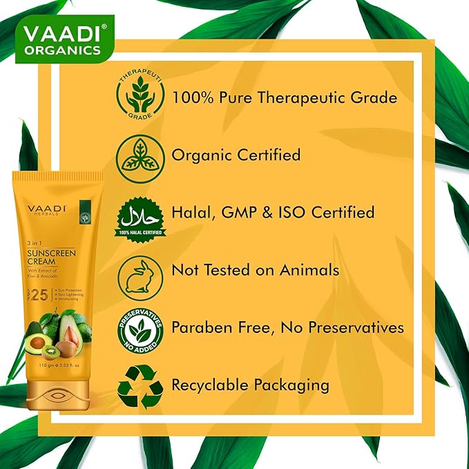 Natural Sunscreen Cream SPF-25 with Extracts of Kiwi &amp Avocado (110 gms) | Protects and Nourishes your skin. For All Skin Type