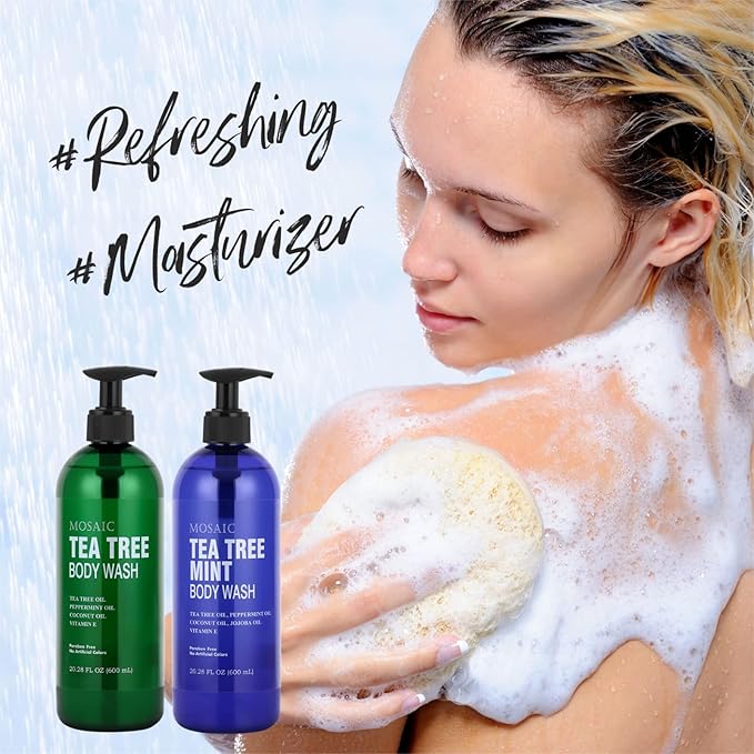 Tea Tree Body Wash with Mint &amp Shower Gel with Vitamin E for Jock Itch Eczema Ringworm Body Odor Body Wash Women &amp Men with Added Body OilsLARGE 20.2 FL Oz Bottle (Tea Tree Mint Pack of