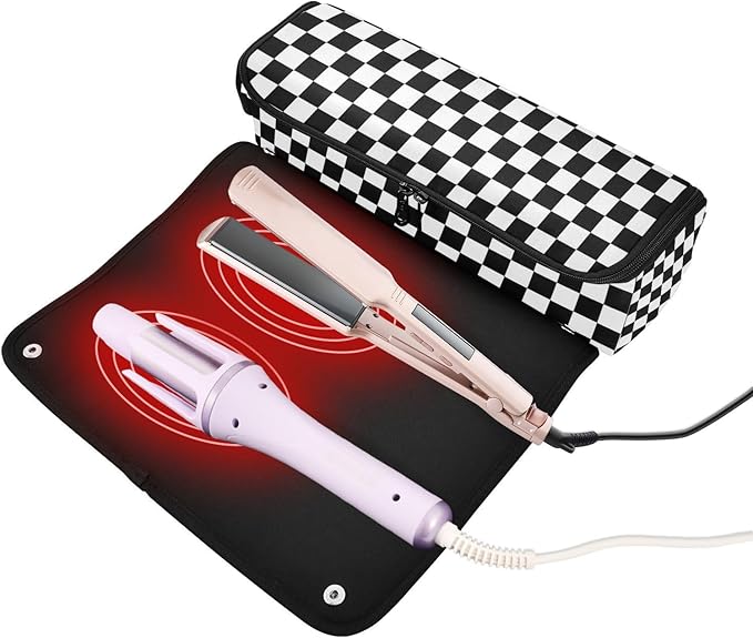 Hair Tools Travel Bag with Heat Resistant Mat Detachable 2-in-1 Curling Iron Travel Case Hot Tools Organizer for Straightener Flat Iron Checkered Black and White