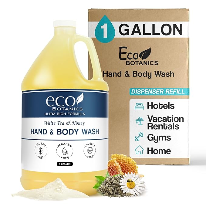 Terra Pure 1-Shoppe Eco Botanics Natural Hand and Body Wash with Raw Honey &amp White Tea | Gallon Jug Bulk Toiletries for Airbnb Vacation Rentals and Home Bathroom | Refill For Soap Dispensers