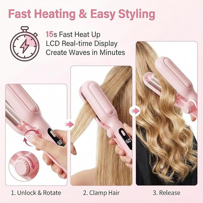 1&amp1.25 Inch Hair Crimper for Women - Curling Iron Waver Hair Tool to Adjustable Groove - Rizadora para Cabello - Anti-Scald Tech Hair Waver - Ionic Ceramic Coating for Long-LastingFast HeatingPi