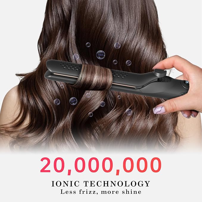 Hahahope Hair Straightener and Curler 2-in-1 360° Airflow Styler Curling Iron 1.25 Inch Curling Wand 20 Million Negative Ion Hair Care 5 Temps &amp Auto Off Dual Voltage (Black)