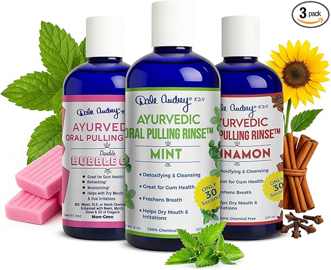 Dale Audrey Ayurvedic Organic Oil Pulling for Teeth and Gums | Oral Rinse Alcohol Free Mouthwash Essential Oils for Bad Breath | Healthy Gums Teeth &amp Fresh Breath (8 Fl Oz (Pack of 3) Variety Pac