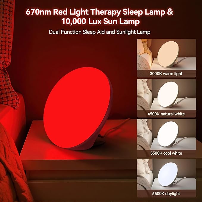 670nm Red Light Therapy Sleep Device &amp 10000 Lux Sun Lamp – Dual Function Sleep Aid and Sunlight Lamp Red Night Light Lamp to Support Deep Relaxation and Improve Sleeping for Adult &amp Kid Bed