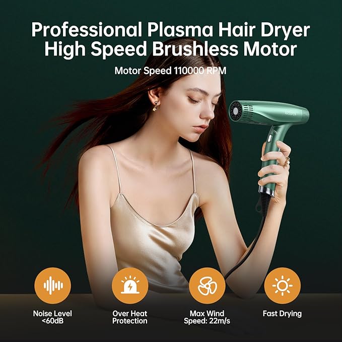 Professional Hair Dryer with Powerful Brushless Motor High Speed for Fast Drying with Magnetic Nozzle Lightweight Foldable Dual Ionic Blow Dryer 12 Modes Super Quiet for Travel Salon Home