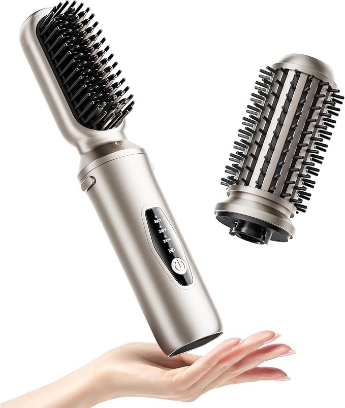 Cordless Hair Straightener Brush 2 in 1 Curling &amp Straightening Brush with 200 Million Negative Ions Mini Travel Hot Straightener Comb for Women Fast Heating &amp Dual Voltage