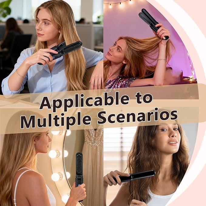 Cordless Hair Straightener Brush Portable Travel Hair Straightener 2 in 1 Cordless Mini Rechargeable Flat Iron &amp Hair Straightener Brush with Dust Cover Digital Display (Black)
