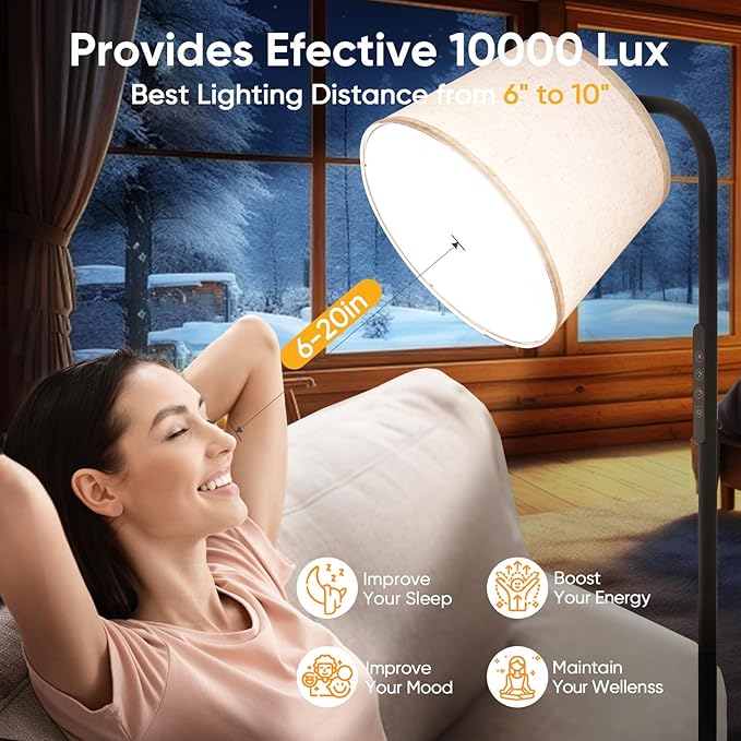 Light Therapy Lamp 10000 Lux Daylight Lamp with Remote &amp Touch Control Adjustable Color/Brightness/Timer Therapy Light Floor Lamp with Linen Shade for Bedroom Office Living Room