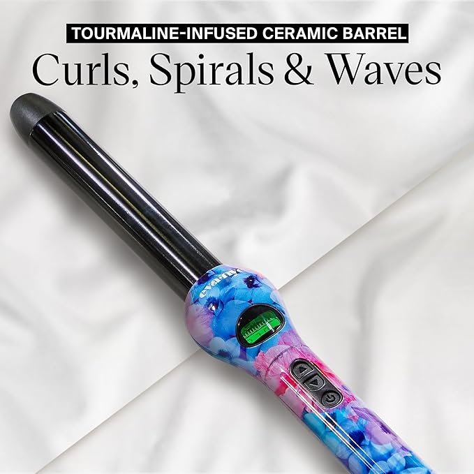 Eva NYC Healthy Heat Clip-Free Curling Wand Tourmaline-Infused Hair Curler with Far-Infrared Ceramic Wand Curling Iron Hair Wand Styling Tool with Adjustable Heat 1 Inch Floral Frenzy