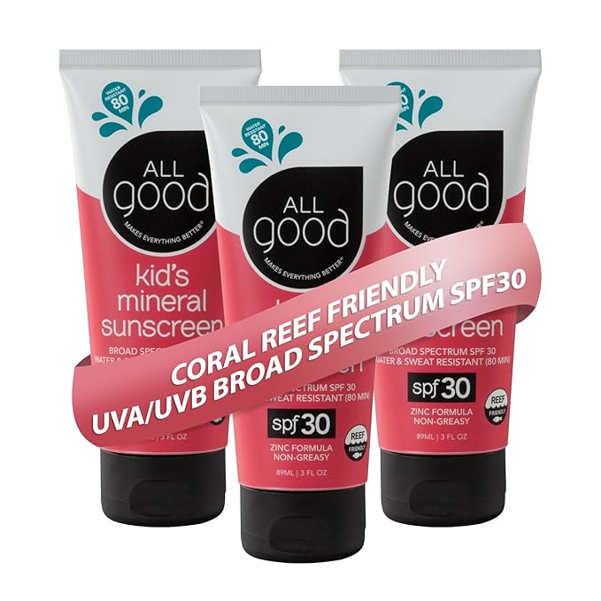 All Good Baby &amp Kids Sunscreen Lotion for Face &amp Body - UVA/UVB Broad Spectrum SPF 30 Zinc Oxide Coral Reef Friendly Water Resistant - Zinc Shea Butter Coconut Oil Aloe (3 oz)(3-pack)
