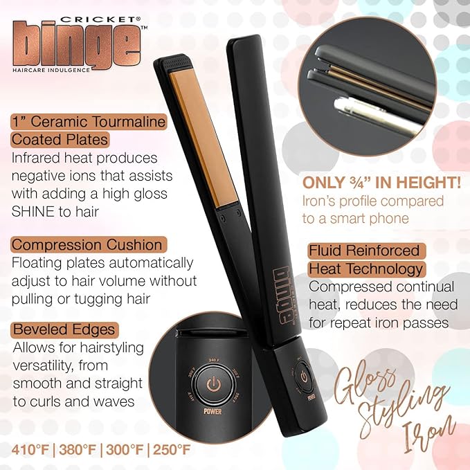 New Cricket Binge Gloss Styling Iron Ceramic Tourmaline Hair Iron Rounded Edges Hair Straightener and Curler for Curling and Straightening