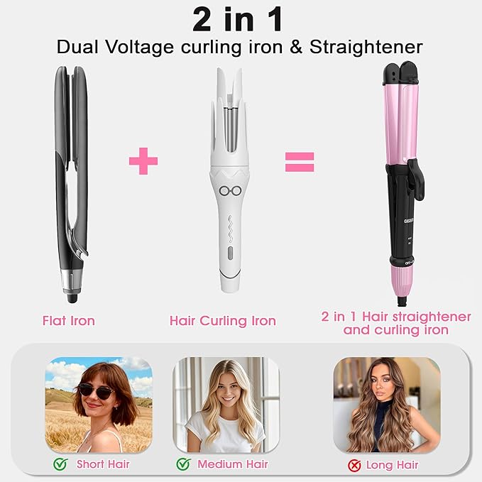Dual Voltage Curling Iron for Travel110V-240V Curling Iron 1 inch with European Plug Adapter2 in 1 Hair Straightener and CurlerCeramic Curling Irons for Short HairHeat-Resistant Pad(Pink)