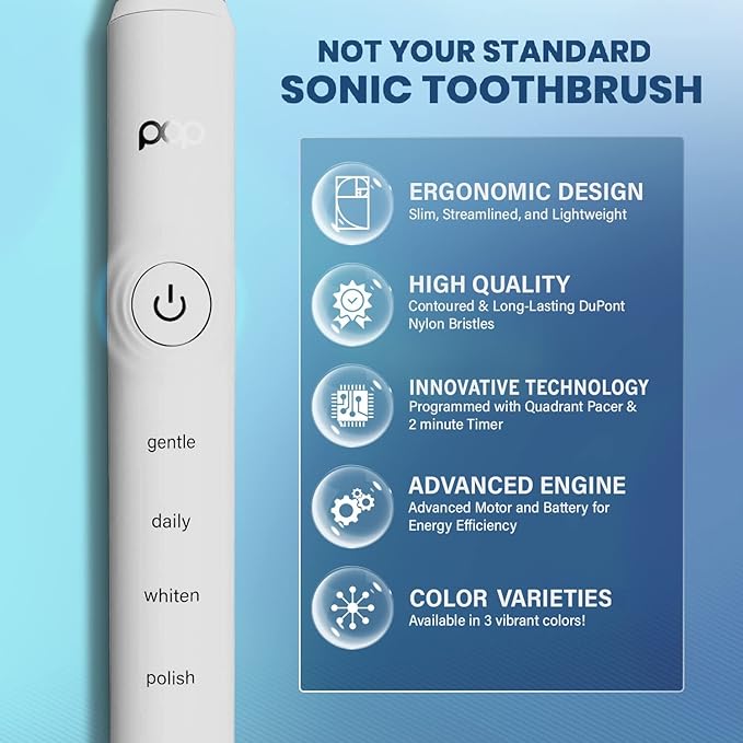 Pop Sonic Pro 2.0 Electric Toothbrush (White) Rechargeable Sonic Toothbrush with 45000 Vibrations Per Minute &amp 4 Cleaning Modes for Adults &amp Kids with Long Lasting Dupont Nylon Bristles