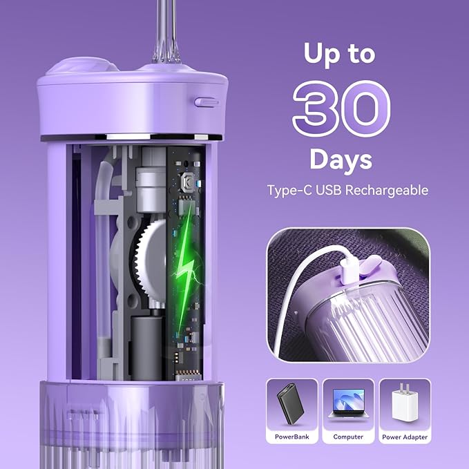 JTF Portable Water Flosser for Travel: Compact Mini Design 3 Modes &amp 8 DIY Pressure Levels for Sensitive Teeth &amp Braces - with 5 Nozzles &amp Removable 230ml Tank Cordless Oral Irrigator fo