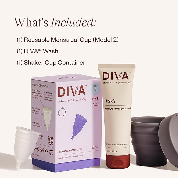 DIVA Cup DIVA Wash &amp DIVA Shaker Combo Pack - Medical Grade Silicone Cup for Period Care - Period Cup Wash - Shaker for On-the-Go Cleansing - Cup Model 2 (Wide Vaginal Canals Post-Partum &amp A