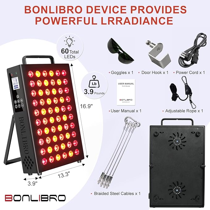 Red Light Therapy Panel Clinical Grade Dual Chip with Near-Infrared Light 850nm 940nm 660nm 630nm High Power Panel for Pain Relief Body Face Skin Health Improve Sleep (BN-60)