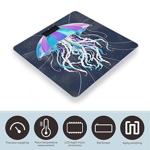 Jellyfish Pattern Digital Bathroom Scale for Body Weight Weighing Scale with Backlit LCD Display High Precision Measurements &amp Measures Weight Up to 180kg