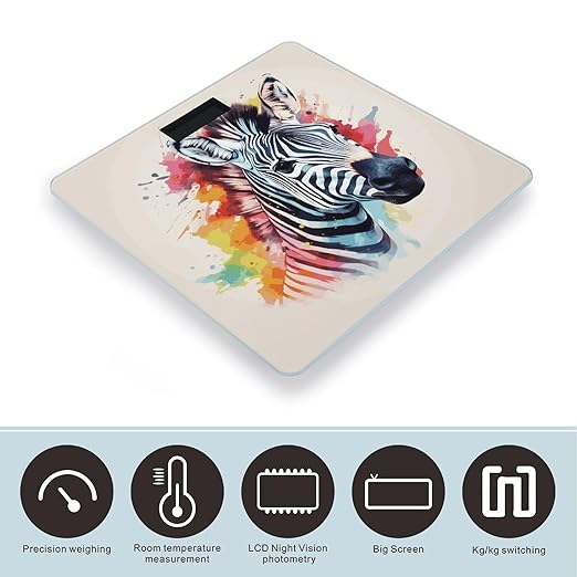 Colorful Zebra Painted on White Background Bathroom ScaleHighly Accurate Digital Weighing Machine for People Bright LED Display Weight Scale for The Aldult Home Use
