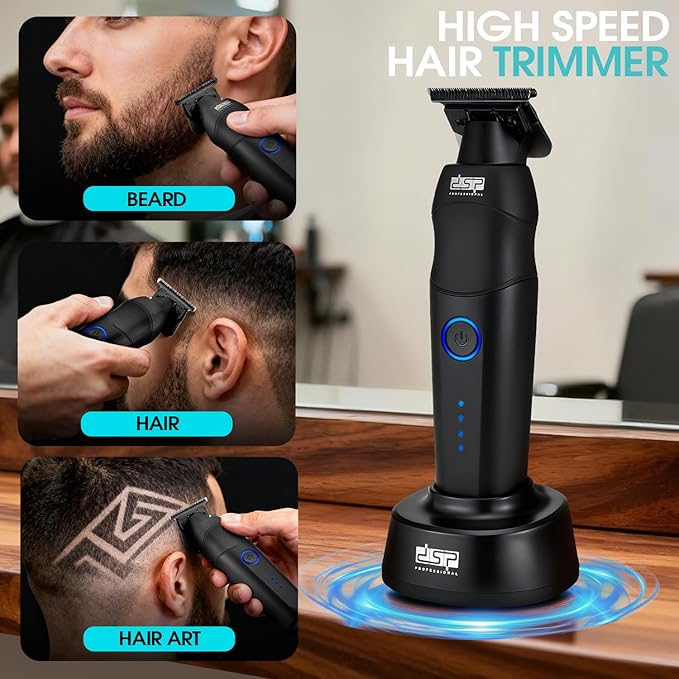 DSP Professional Hair Trimmer for Men Beard Mustache Cordless Trimmer Indicator Light with Charge Base Zinc Alloy Body Low Noise Zero Gapped Edgers Trimmer (Black)
