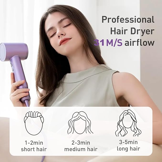 Hair Dryer High Speed Fast Drying Negative Ionic Portable Blow Dryer with 110000 RPM Brushless Motor Lightweight Low Noise Thermo-Control Hairdryer with Nozzle for Home (Royal Purple)