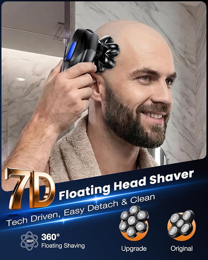 Head Shavers for Bald Men 5-in-1 Electric Shaver Grooming Kit 7D Floating IPX7 Waterproof Rechargeable Wet/Dry Razor for Skull Bald Head Body Hair with Massager Black