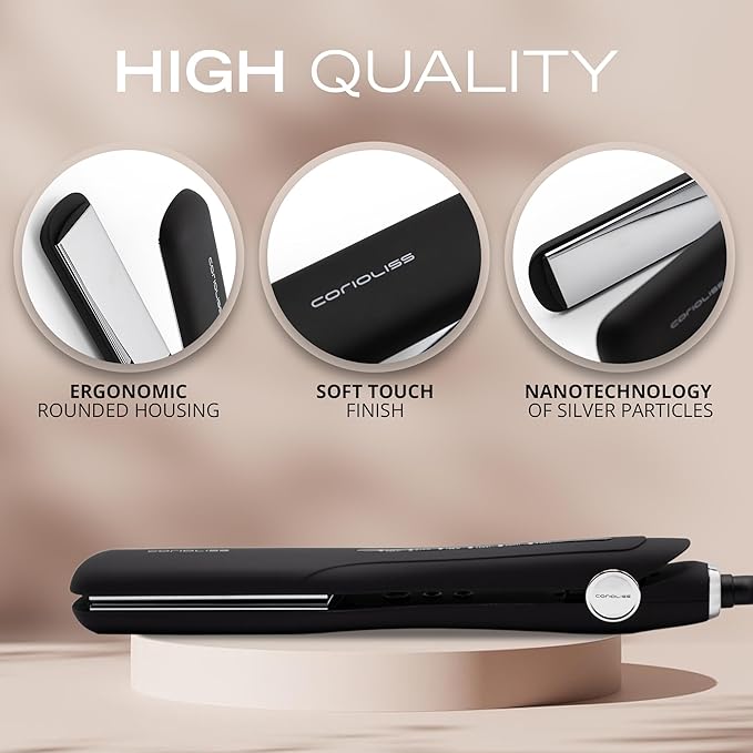 Corioliss Hair Straightener for Women Professional Extra Wide Titanium Plates Flat Iron UK Plug Black Soft Touch