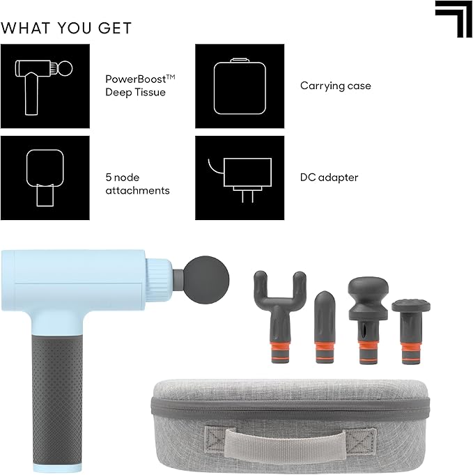 Sharper Image Deep Tissue Percussion Massage Gun Powerboost Rechargeable Handheld Massager 6 Adjustable Speeds 5 Attachment Heads &amp Carrying Case Full Body Muscle Pain Relief Light Blue