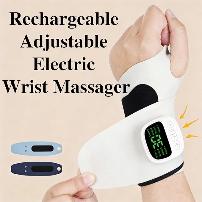 Rechargeable Adjustable Electric Wrist Massager Portable Cordless Hand Heating Pad with 8 Modes Heating Pad with 8 Modes &amp 30 Intensity Levels Magnetic Detachable Host (White)