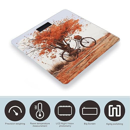 Autumn Tree with Aged Old Bike Scale for Body Weight Anti-Slip Sturdy Tempered Glass Weighing Machine Highly Digital Accurate Bright LCD Bathroom Scale for Household Gift