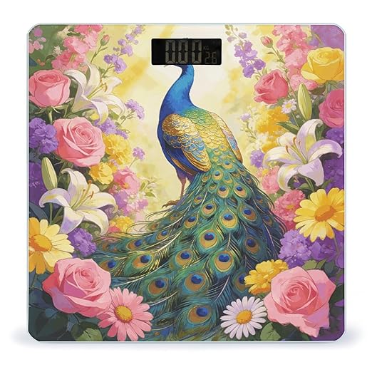 Colorful Peacock with Floral Background Weight ScaleClear LED Display Bathroom Digital Weighing ScaleTempered Glass Digital Bathroom Scale for Body Weight Capacity Up to 400 Lbs