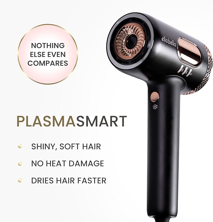ELLA BELLA® Professional Smart Plasma Hair Dryer with Diffuser • Advanced Plasma Technology Blow Dryer • Intelligent Heat Control &amp Wind Speeds • Suitable All Hair Types